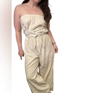 Line & Dot Lightweight Natural Beige Wide Leg Jumpsuit New With Tag XS/Small